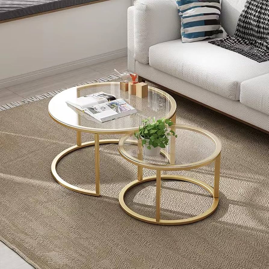 Round Coffee Table Set of 2 Glass and Gold