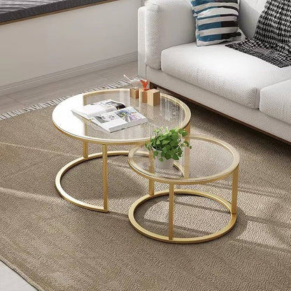 Round Coffee Table Set of 2 Glass and Gold