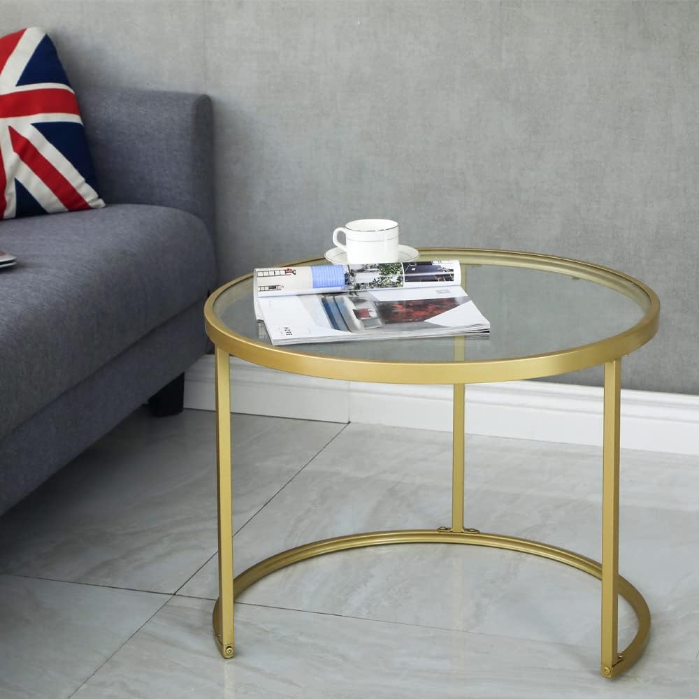 Round Coffee Table Set of 2 Glass and Gold