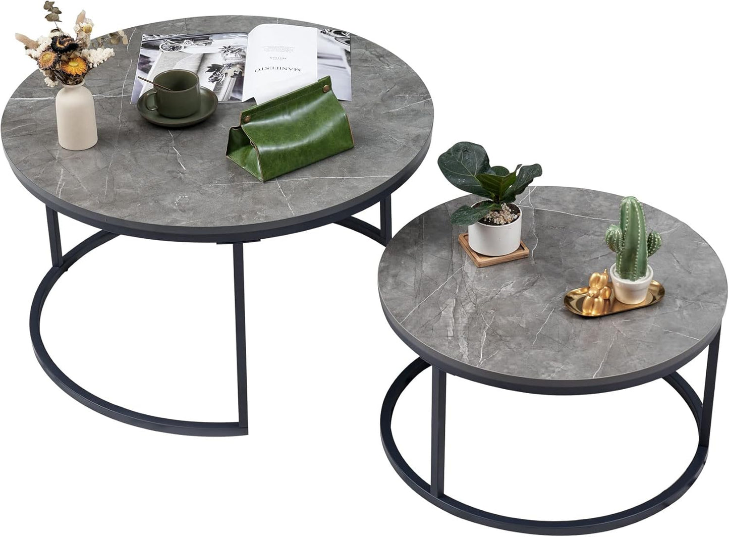 Round Coffee table set of 2 gray marble and gray