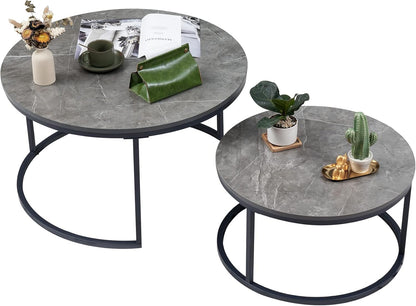 Round Coffee table set of 2 gray marble and gray
