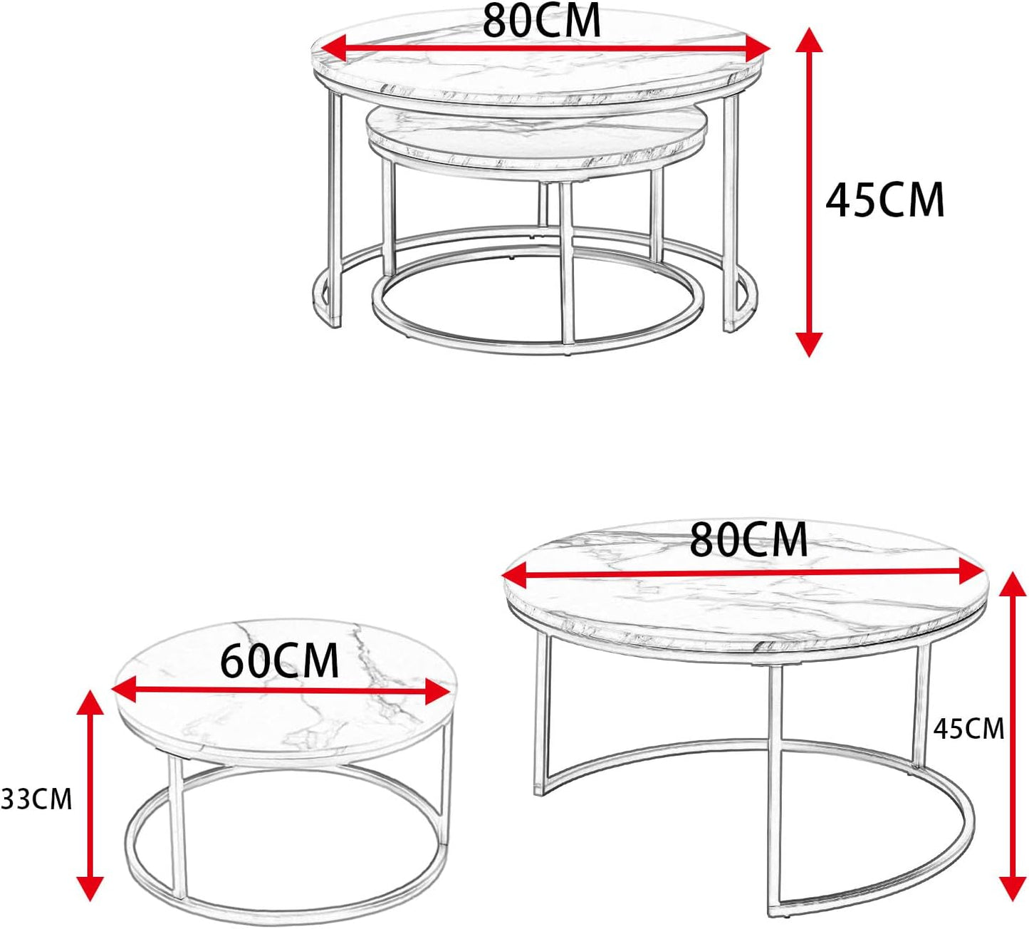Round Coffee tables set of 2 white marble and black