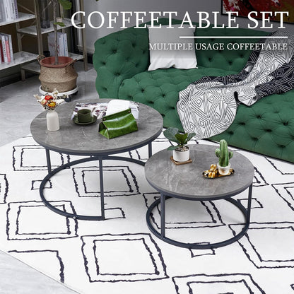 Round Coffee table set of 2 gray marble and gray