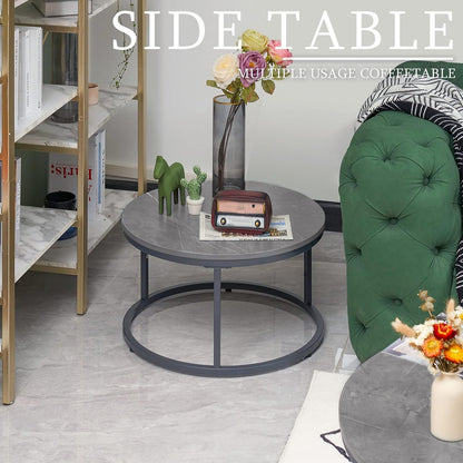 Round Coffee table set of 2 gray marble and gray