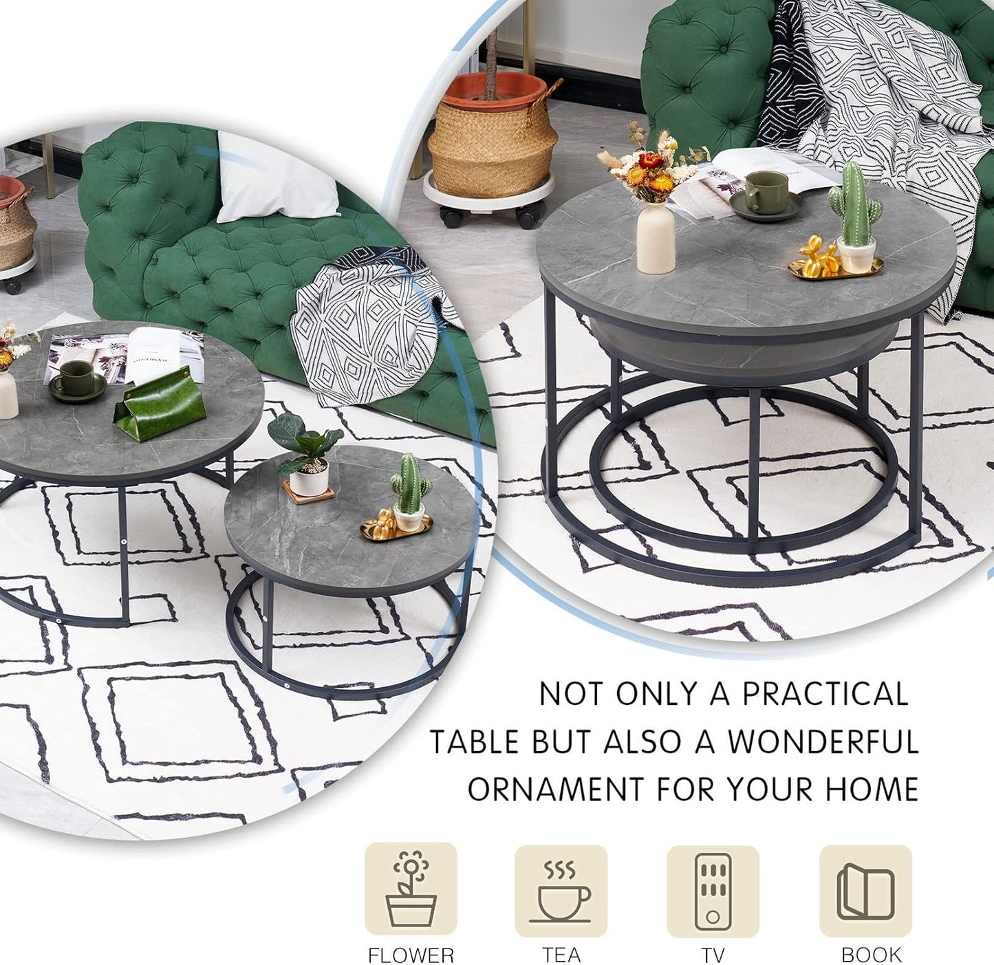 Round Coffee table set of 2 gray marble and gray