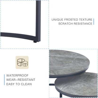 Round Coffee table set of 2 gray marble and gray