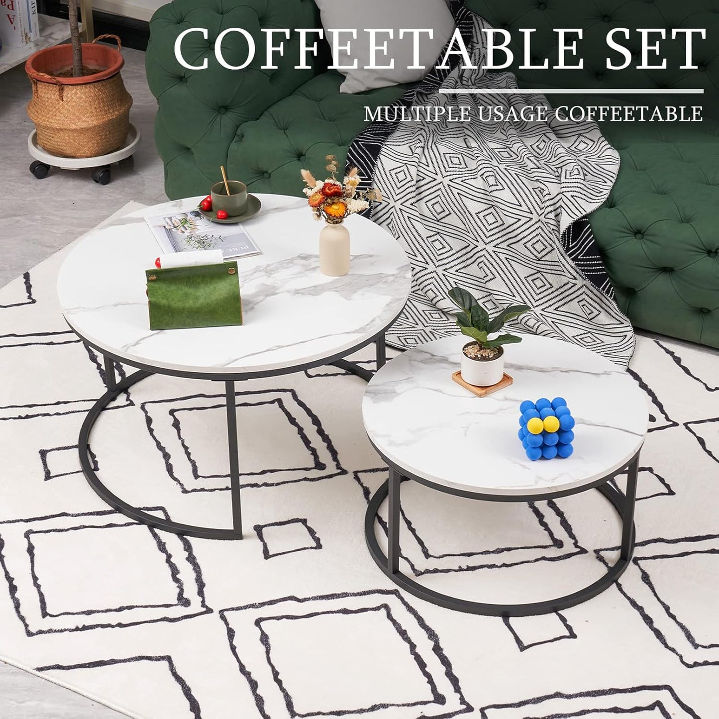 Round Coffee tables set of 2 white marble and black