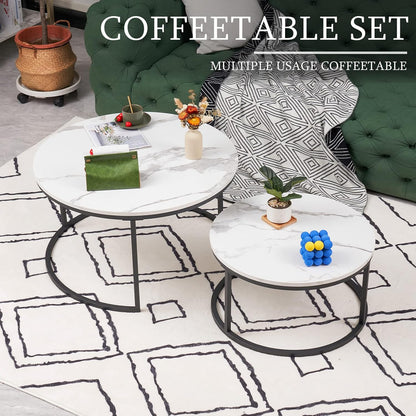 Round Coffee tables set of 2 white marble and black