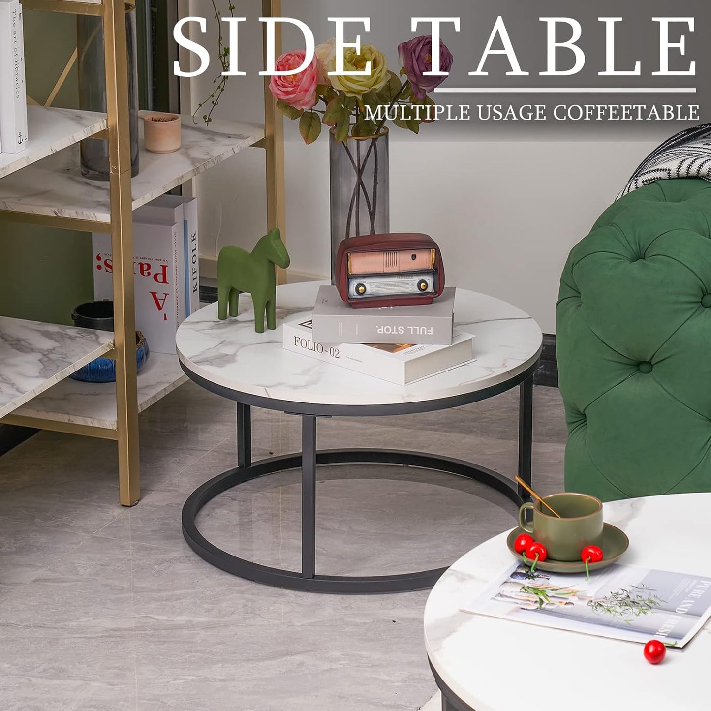 Round Coffee tables set of 2 white marble and black