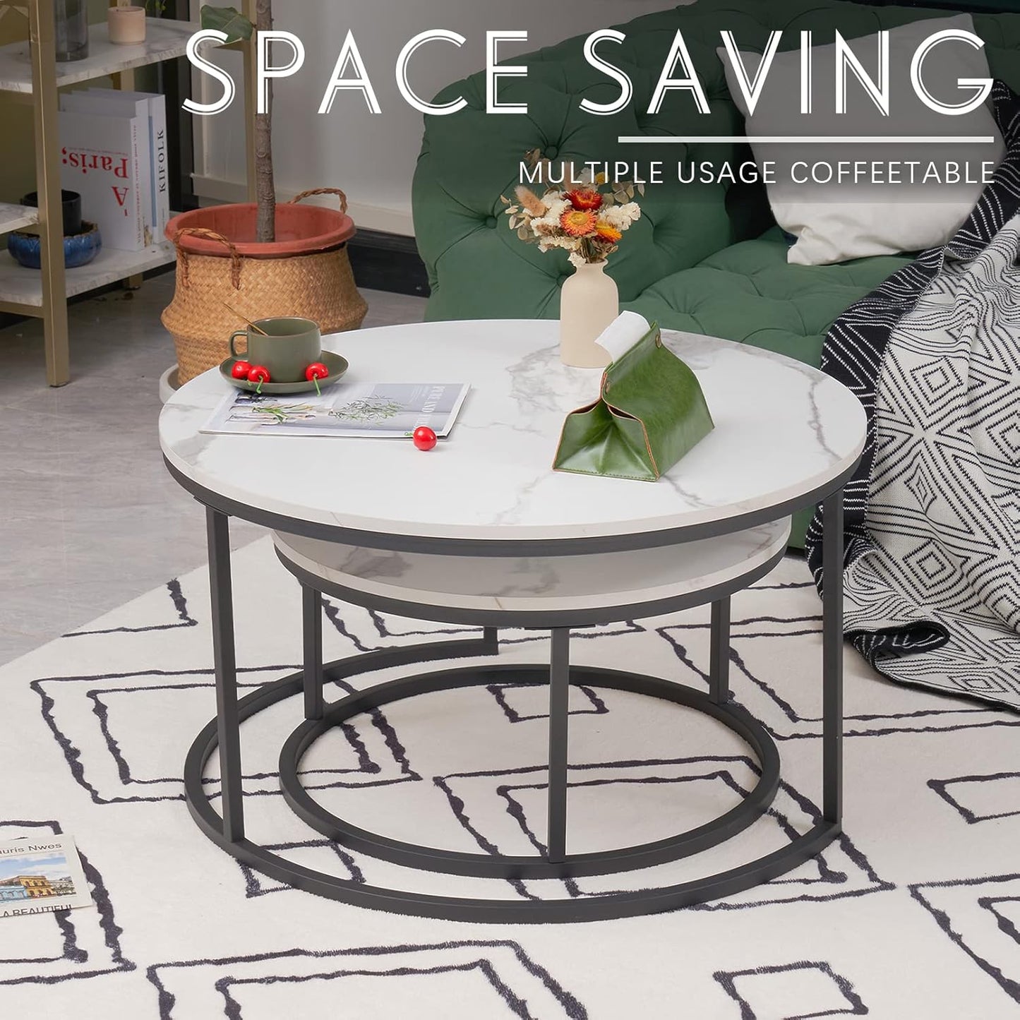 Round Coffee tables set of 2 white marble and black