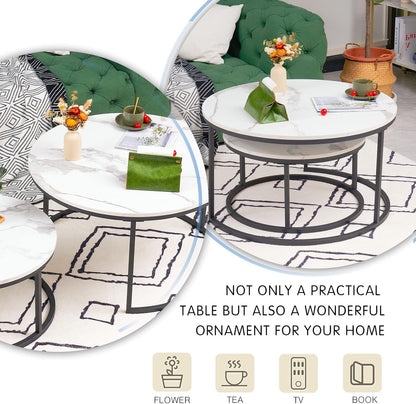 Round Coffee tables set of 2 white marble and black