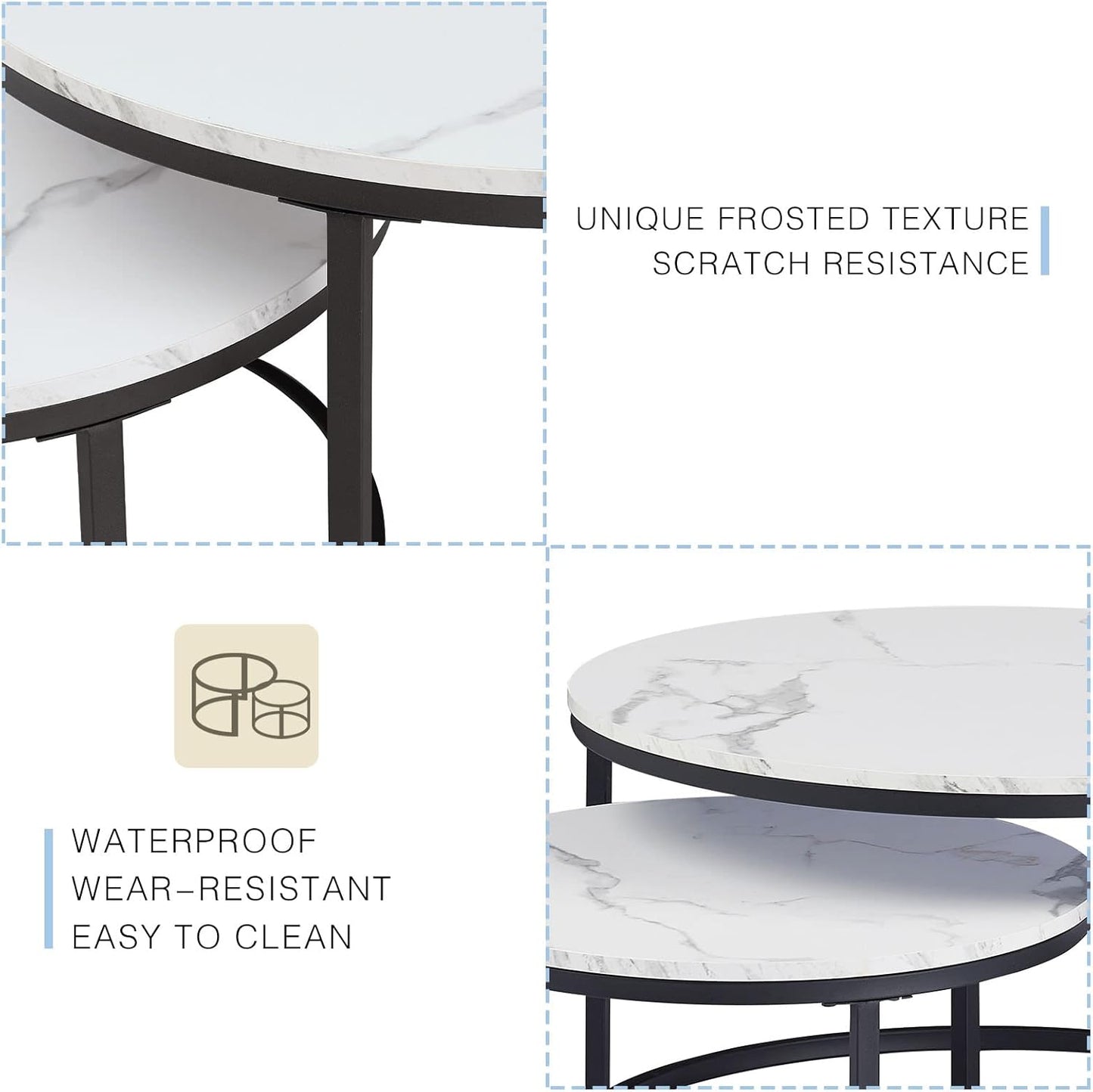 Round Coffee tables set of 2 white marble and black