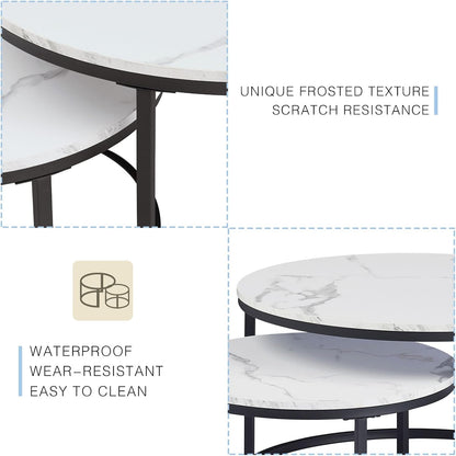 Round Coffee tables set of 2 white marble and black